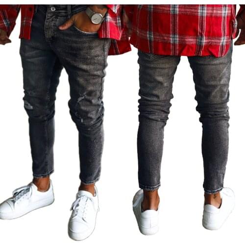 European and American trend black slim-fit ripped mens jeans Streetwear regular fit Buttons Trousers medium 2021