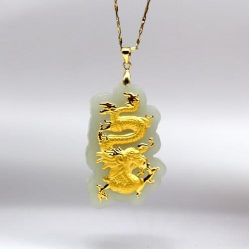 Natural Hetian Jade Clavicle Chain Necklace Personality 24K Gold Dragon Mosaic Pendants For Men Women Male Female Couple Lovers