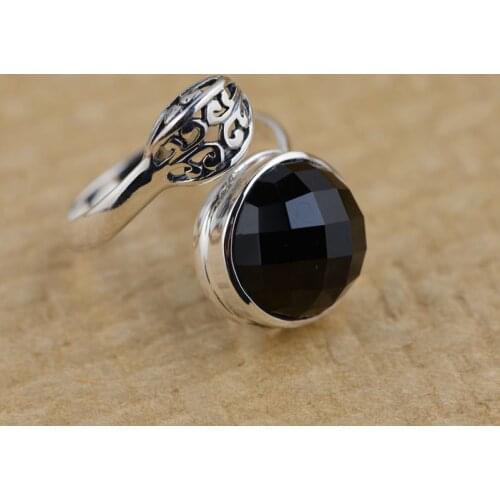 FNJ 925 Silver Black Agate Ring for Women Jewelry 100% Original Pure S925 Silver Sterling Ring green Chalcedony Rose Blue Stone