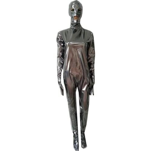 Brand Sexy men kids Women grey Shiny Metallic Catsuit Lady Leotard with removable hood and gloves