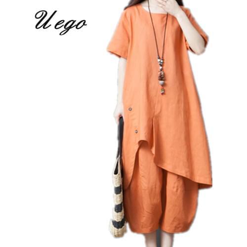 Uego Soft Cotton Linen Loose Casual Sets Women Clothes Suits Loose Long Tops+Wide leg pants Two Piece Set 2021 Fashion Suits