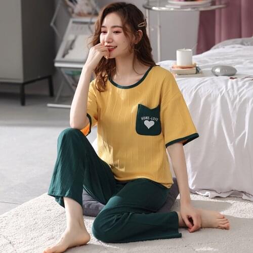 Women Pajamas Sets Solid Color Pijamas Mujer Short Sleeve Cotton Sleepwear Summer Nightwear Femme 2 Pieces Sets Homewear XXXL