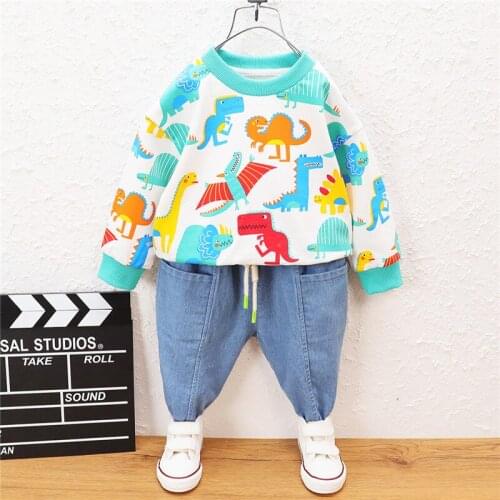 Spring autumn baby boy sweater set 0-5 years boy clothes suit dinosaur print fashion cotton sweater jean 2 piece boy casual suit