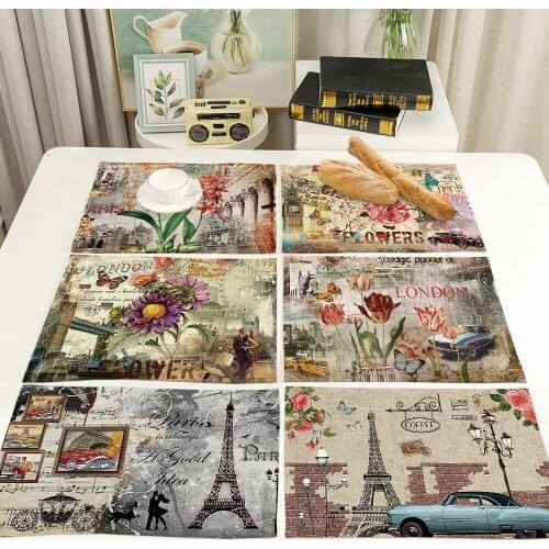 Retro Flowers Printing Non-slip Insulation Placemat Coaster Table Dinner Table Mats Cotton linen Pads Home Decor 42*32cm 0065