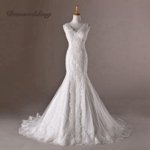 Sexy Mermaid Wedding Dresses V-Neck Refinement Lace Applique Luxury Chapel Train Bridal Dress Sleeveless Lace-Up Real Photo
