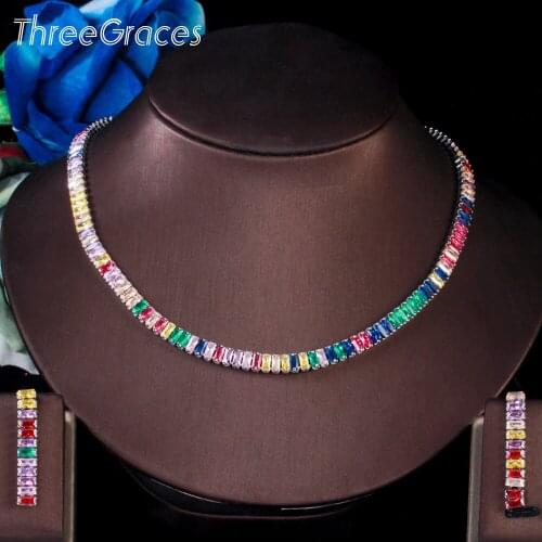 ThreeGraces Trendy Round Choker Necklace and Earrings Sets for Women Multicolor Cubic Zirconia Silver Color Party Jewelry TZ598
