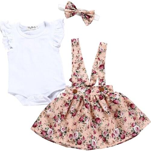Girl Clothes Boutique Kids Baby Girl Fly Sleeve Romper Tops+Floral Strap Skirt 2pcs Outfits