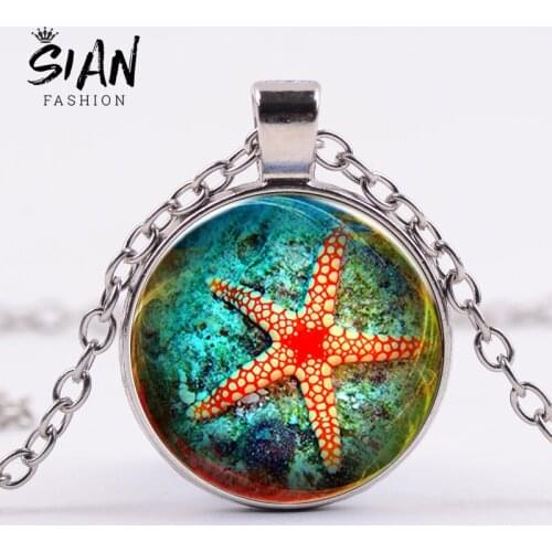 SIAN 2019 New Fashion Starfish Animal Necklace Marine Life Art Patterns Glass Cabochon Pendant Necklace Summer Jewelry Collares