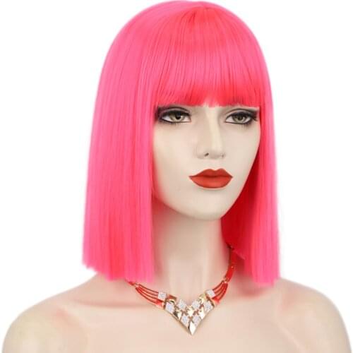 Vigorous Synthetic Short Bob Wig with Bangs 12 Inch Pink Straight Wigs for Women Blue Purple Yellow Cosplay Wig