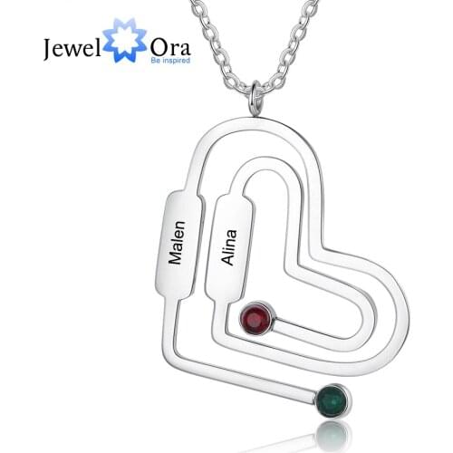 JewelOra Designer Personalized Engraved Name Paperclip Shaped Heart Necklace with Birthstone Custom Pendant Jewelry Couple Gifts