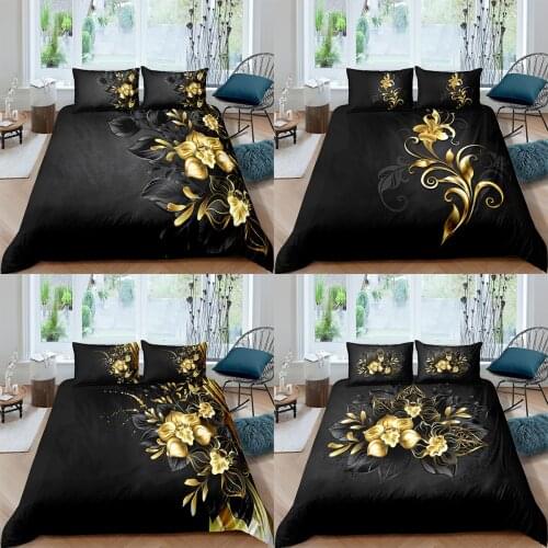Home Textiles Luxury 3D Gold Flower Duvet Cover Set and Pillowcase Kids Bedding Set AU/EU/UK/US Queen and King Size Bedding