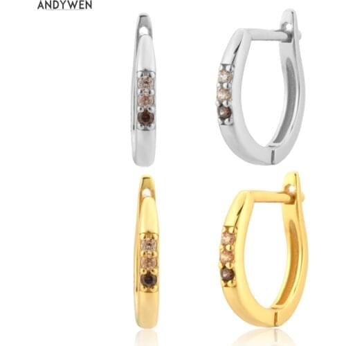 ANDYWEN 925 Sterling Silver Gold 8.5mm Three Brown Level Coffee Huggies Clips Piercing Pendiente Rock Punk Jewelry Gift