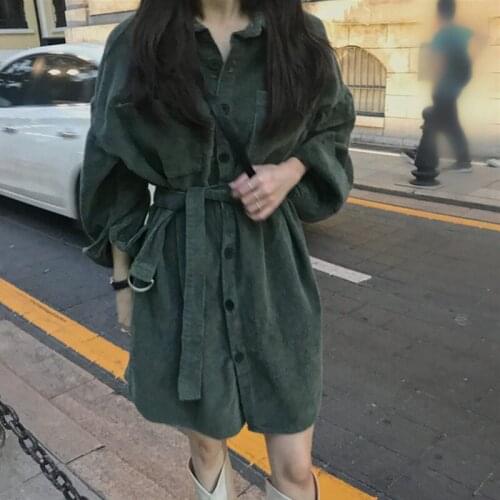 Corduroy Spring Autumn Women Vintage Dress 2021 New Temperament Belt Waist Long-Sleeved Female Oversized Dresses aq065