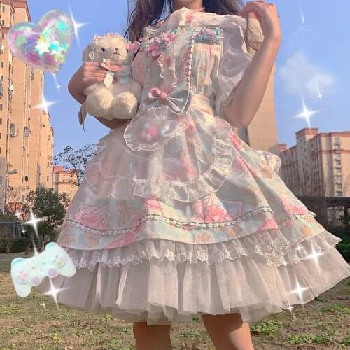 Japanese Sweet Kawaii Jsk Lolita Dress Women Vintage Victorian Gothic Cartoon Sleeveless Bow Lace Princess Tea Party Dresses