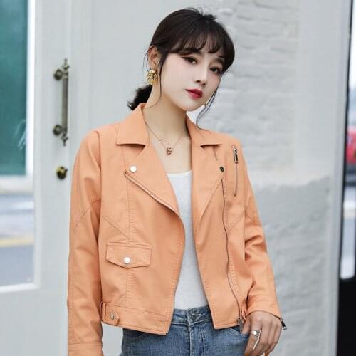 New 2020 Autumn Loose Lady black Faux Leather Coat yellow Faux Leather Jacket White Biker Motorcycle Jacket Women Zipper Punk