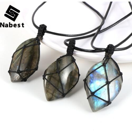 Women Men High Quality Natural Stone Labradorite Pendant Necklace Wrap Irregular Moonstone Adjustable Waxed Rope Lucky Jewelry
