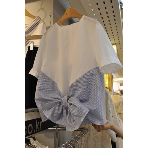 Alpha 2016 Women Big Bow Blouses Loose Striped Bow Decor Ladies Sweet Blouses