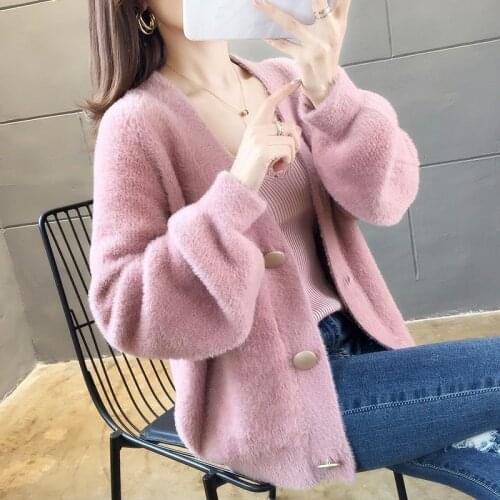 2021 Spring Autumn New Womens V-neck Cardigan Jackets Female Loose Knit Jumpers Ladies Imitation Mink Velvet Sweater Coats Y442