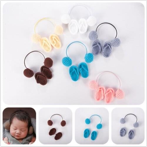 2 Pcs/set Newborn Photography Props Mini Slippers Headset Baby Photo Wool Woven Prop Accessories