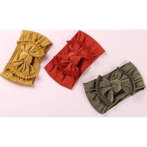 30PC/lot Pompom Trim Wide Nylon Turban Headband Newborn Knot Bow Headband,Cable knit headwraps,Babe Girls Ribbed Headbands