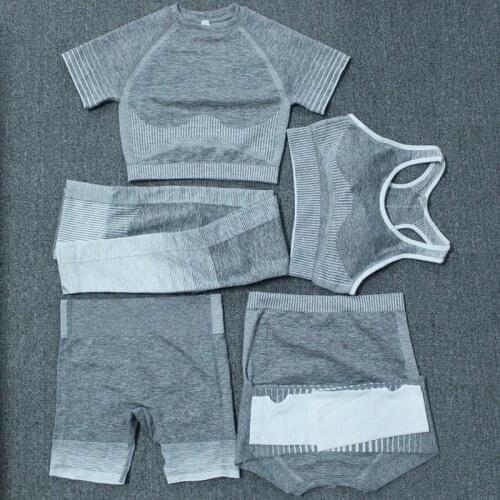 5PCS Seamless Women Yoga Set Workout Sportswear Gym Clothing Fitness Long Sleeve Crop Top High Waist Leggings Sports Suits