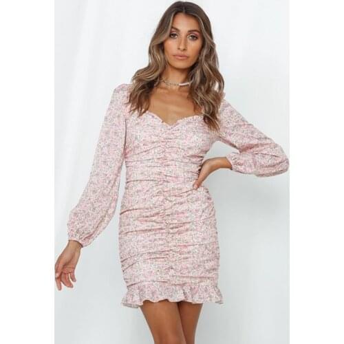 Ardm женское платье Elegant Floral Print Ruffled Mini Dress Slim Pleated Party Dress Bodycon Long Sleeve Femme Robe Spring 2021