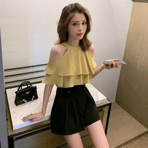 Summer Womens Blouses Strapless Ruffled Chiffon Shirt Sexy Top Super Fairy Careful Machine Western Style Bottoming Shirt