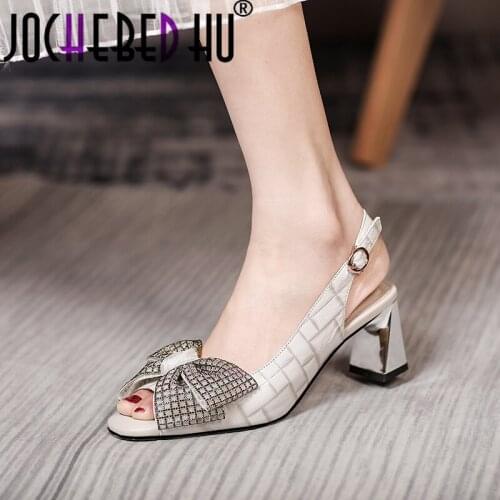 【JOCHEBED HU】Butterfly-Knot Buckle Strap Peep Toe Black Sandals Rubber Sexy Fashion Shoes Women High Heels Party Genuine Leather