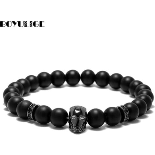 BOYULIGE Charm Creative Beads Bracelets Black Gold Iron Man Mask Super Hero Creative Stone Beaded Bracelet for Men Women Jewelry