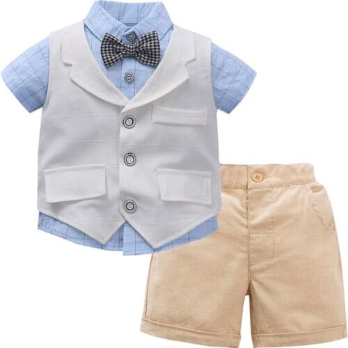 Kids Clothes Toddler Boys Suit Set White Vest + Shirt + Shorts 3 Pieces Outfit 2021 New Arrived Summer Children Costume
