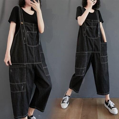 Denim Jumpsuit Women Romper Black Spring Jeans Wide Leg Pants Female 2021 Streetwear Overalls Pockets Casual macacao feminino