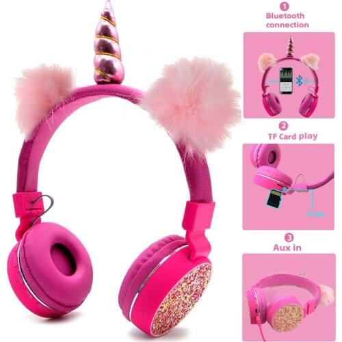 JINSERTA Unicorns Earphone Stereo Bluetooth Kids Headphones FM Radio With Mic Support Handsfree TF Card AUX