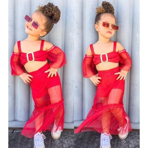 Baby Girl´s Long Mesh Skirt Set Off-the-shoulder Short Top + Mesh Skirt Lined Set 2Pcs