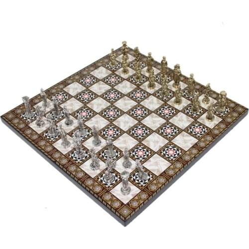 Small Size Metal Ottoman Byzantine Chess set And Pearl Decorated Small Board (30x30 Cm.) High Quality Elite Product
