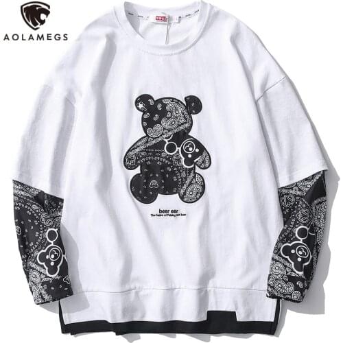 Aolamegs Vintage Bear Patch Fake 2 Pieces T-shirt Men Casual Baggy Long Sleeve Tee Tops High Street Fashion Pullover Streetwear
