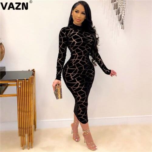VAZN New 2021 Age reduction Striped O-neck Evening Gown Women Elegant Fashion Dress Club Birthday Shinny Dress