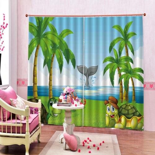 Custom any size Cartoon beach Crab turtle Kids room Curtain Beautiful sea scenery Blackout Print Window Drapes Sets