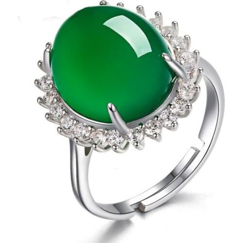 FYSL Silver Plated Oval Shape Green Agates Resizable Finger Ring for Elegant Women Jewelry