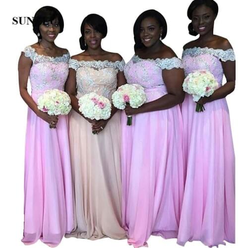 2019 Summer Chiffon Bridesmaids Dresses A-line Off Shoulder Boat Neck Wedding Party Dress With Appliques Long Formal Gowns