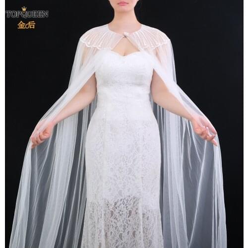 TOPQUEEN G24 White Lace Women Cape Veil Lace Organza Flower Long Wedding Capes Bridal Wraps 300cm Long Train Shawls Cloak