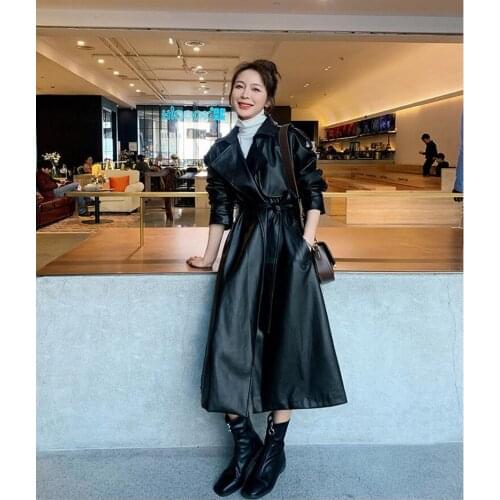 Fashion Brand New Womens Long PU Leather Trench Coat with Belt Lady Windbreaker Waterpoof Female Outerwear Spring Autumn Black