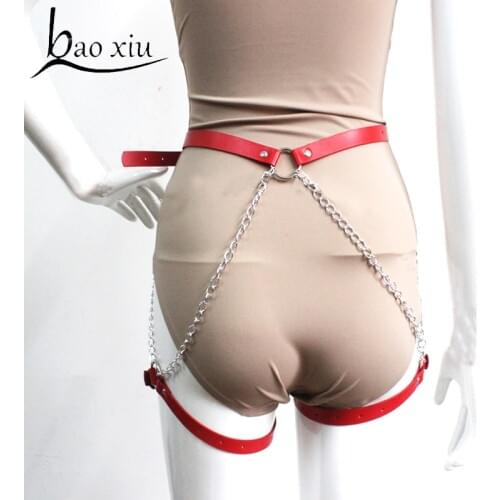 Baoxiu Vintage Women Men Erotic Harness Faux Leather Belt Bondage Gothic Punk Sexy Leg Garters Metal Chain Thigh Straps