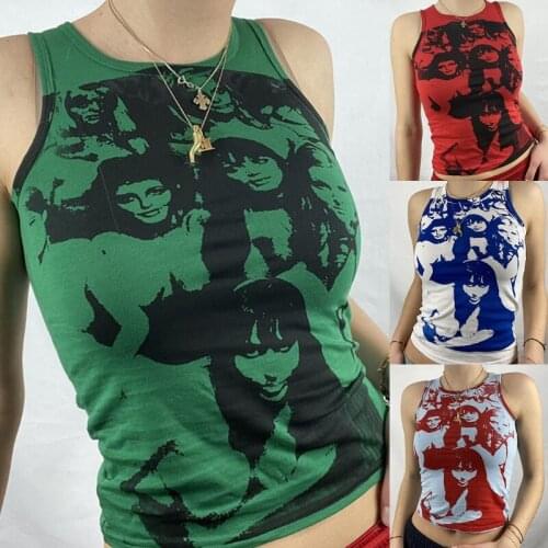 Y1QD Women Gothic Punk Sleeveless Crop Top Harajuku Hip Hop Ink Portrait Graphic Printing Slim Vest Summer Bodycon Shirts