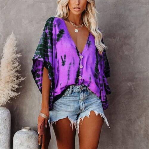 Lady Tshirts Women V-neck Bat Sleeve Tie-dye Printed Shirt Goth Aesthetic Clothes Women Breathable Comfortable Sexy Tops