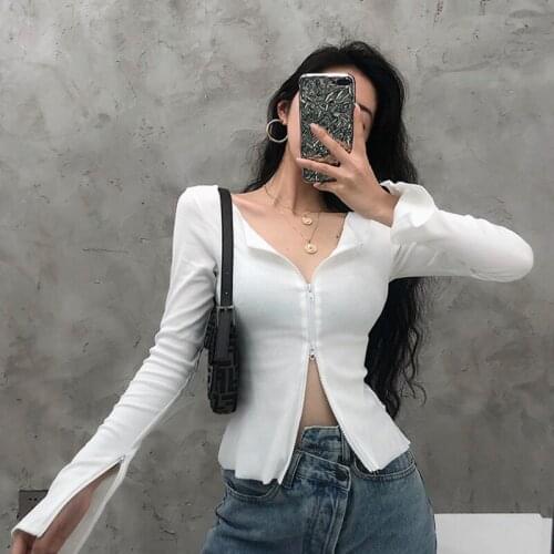 Europe Autumn Sexy Front Full Sleeve Short Two-way Zipper Tight Short T-shirt Knitted Womens Clothing Base Tops I2NR