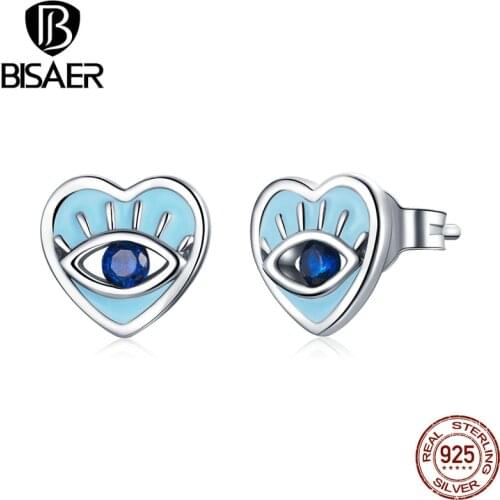 BISAER 100% 925 Sterling Silver Loving Care Blue Zircon Eyes Heart Shape Stud Earrings Women Girls Fashion Jewelry Gift ECE1134
