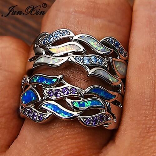 Unique Cute Female Angel Wing Wave Ring Boho Silver Color Blue White Fire Opal Ring Promise Engagement Rings For Women