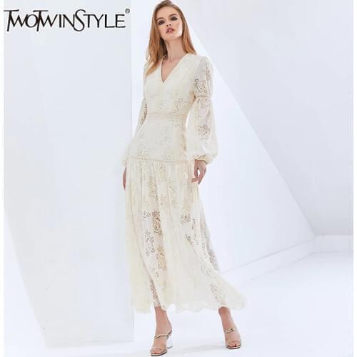TWOTWINSTYLE Vintage Patchwork Lace Perspective Dress For Female Lantern Sleeves High Waist Oversized Dresses Female New 2021