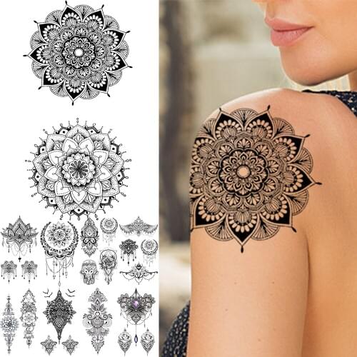 Black Henna Mandala Temporary Tattoo Sticker For Women Lady Girl Fake Jewelry Ganesha Realistic Tattoos Body Art Tatoo Dot Arm