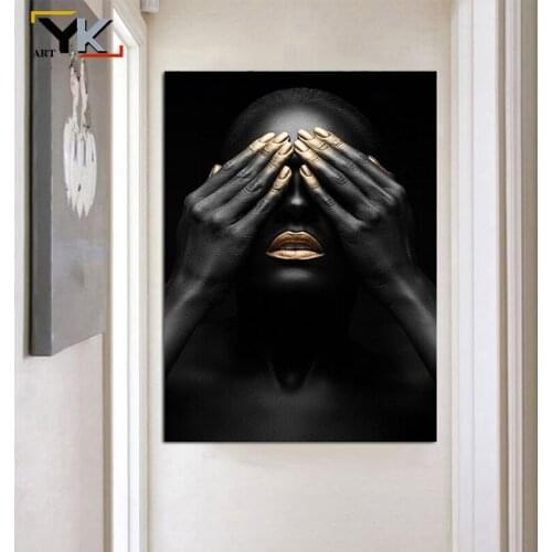 HD Print Black and Gold African Nude Woman Canvas Painting Portrait Posters and Prints Wall Pictures for Living Room
